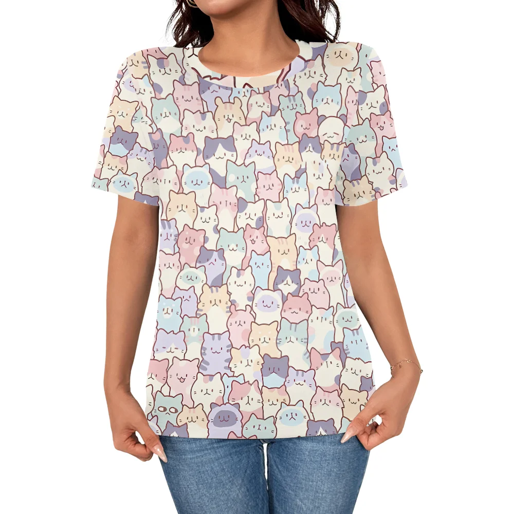 Grote maten kleurrijk en schattig dames T-shirt met cartoonkat bedrukt - casual en kawaii-stijl zomer ronde hals korte mouw