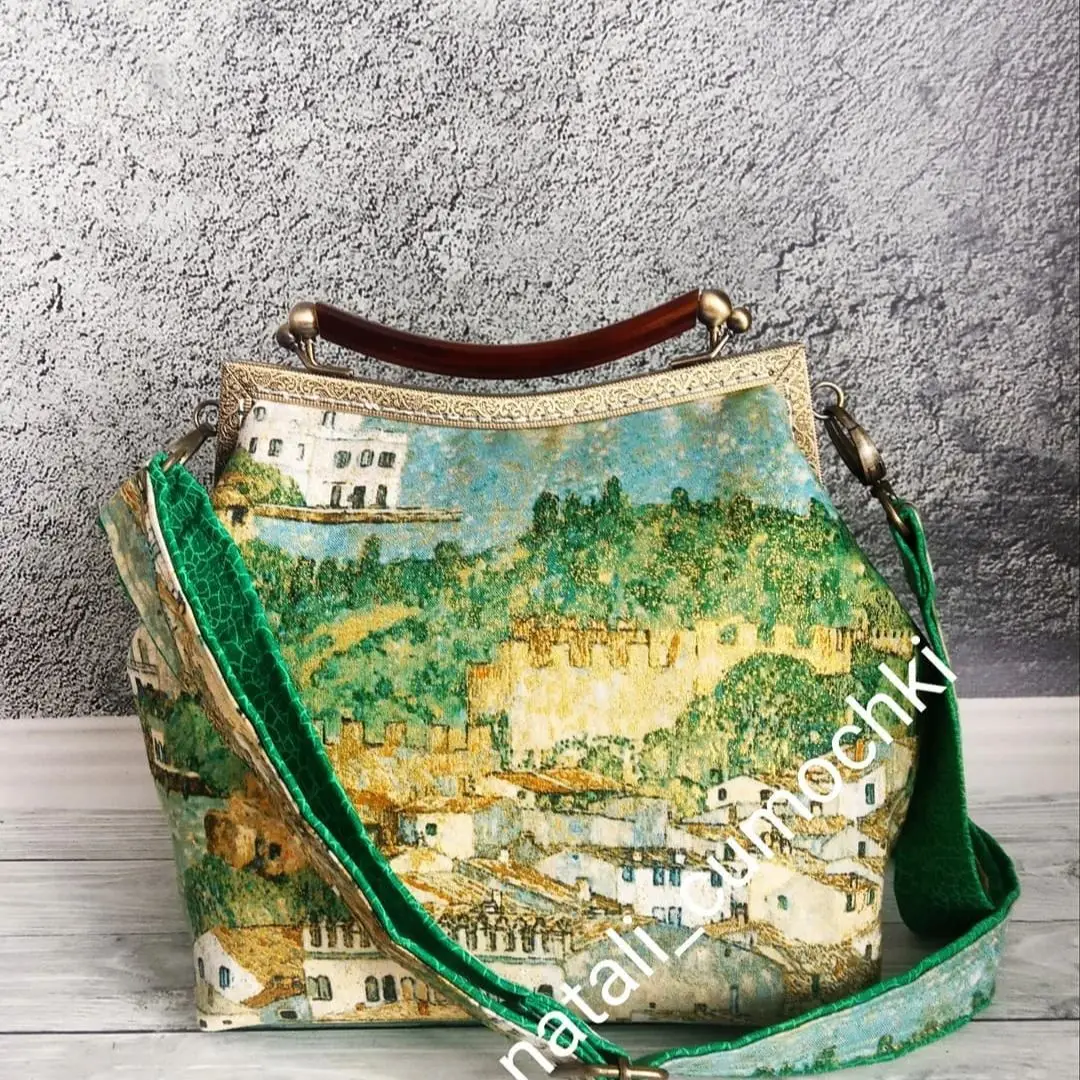 

Lost in Vintage Tapestry Bag with a Gold Glitter Print on Klimt's Painting "The Town of Malchezino on Lake Garda Metal Frame