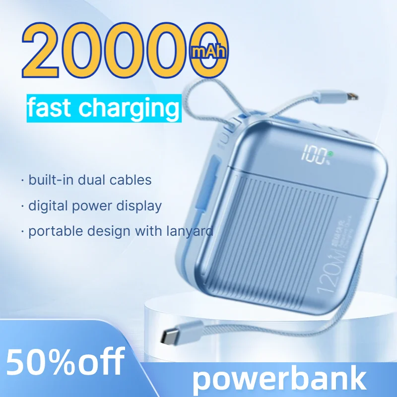 PowerBank 20000mAh Built-in Dual Cables Fast Charging Power Bank portable charger with Lanyard for iPhone Samsung