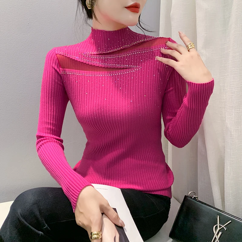 MadBlack, European Clothes Sweater, Sexy Women Mock Neck Diamonds Top, Patchwork Long Sleeve Slim Knitwear, Fall Winter T49925CC