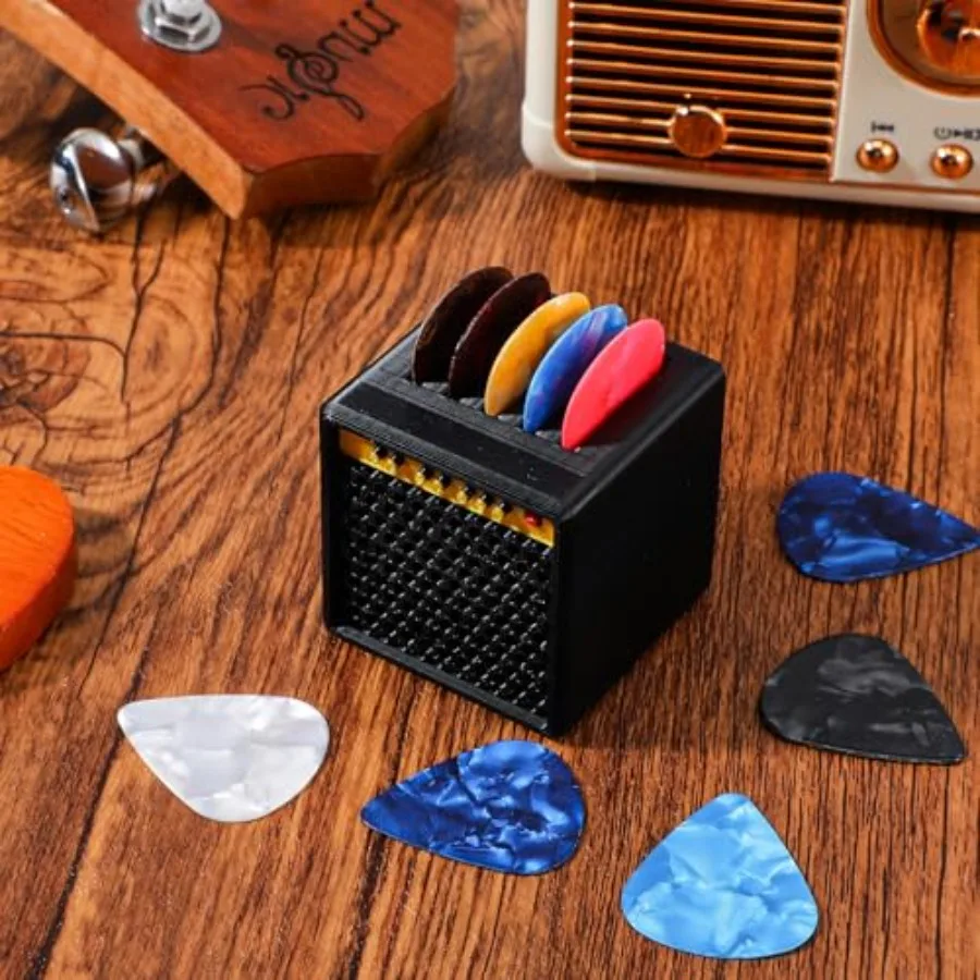 Guitar Picks Holder Box for Stage and Studio Use, Durable ABS Plastic, Black Finish, Compact amp Speaker Design with Secure Pad