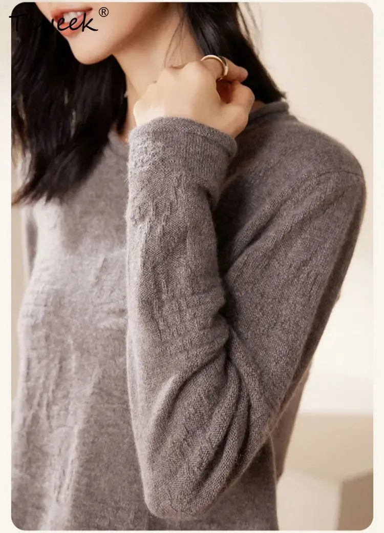Tcyeek, pulls élégants en cachemire pur 100%, col rond à manches longues pour femmes, pull en tricot à bas à la mode, automne hiver 2024 T478104QM