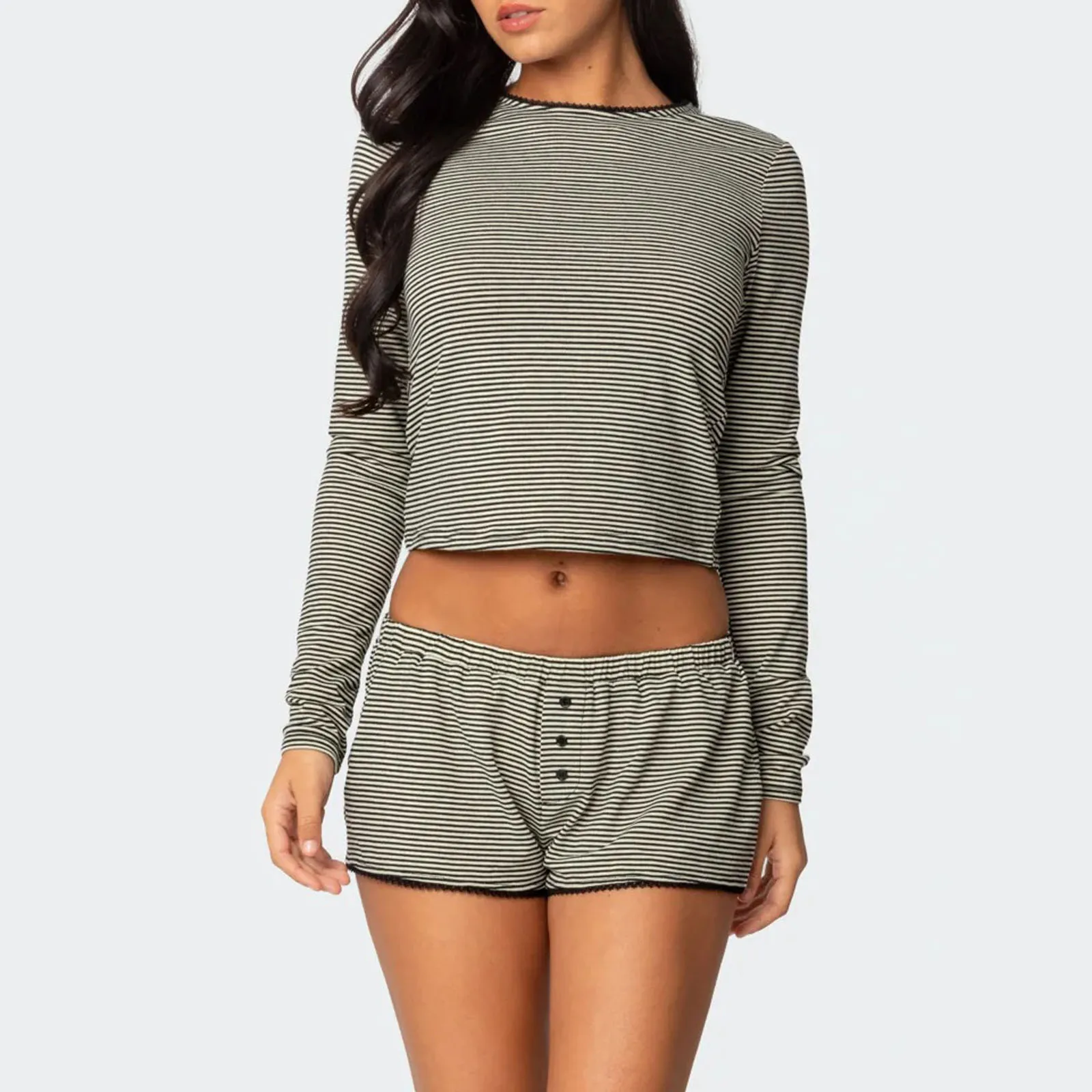 Fashionable Women’s Casual 2 Piece Outfits Long Sleeve Striped Print Tops + Shorts Set Loungewear