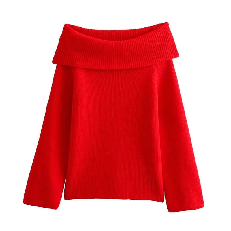 TRAF Red Off Shoulder Sweater Woman Winter Knitted Sweater Women Pullover Long Sleeve Knit Top Fashion Women Sweaters 2023