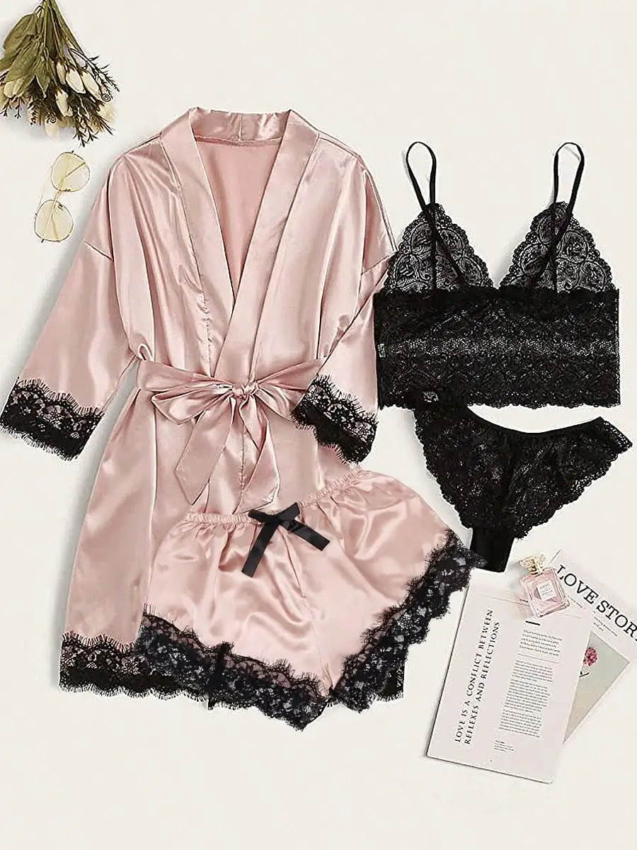 

Женский комплект из 4 предметов: атласный халат с кружевной отделкой, майка, шорты и трусики для дома или сна
