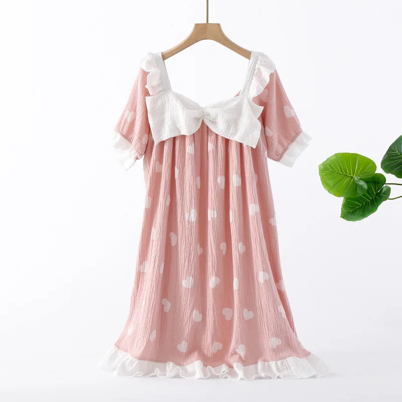 New Summer Long Dress Ladies Short Sleeve Nightdress 100% Cotton Crepe Loose Home Cute Bow Love Dress Home Skirt sleepwear women