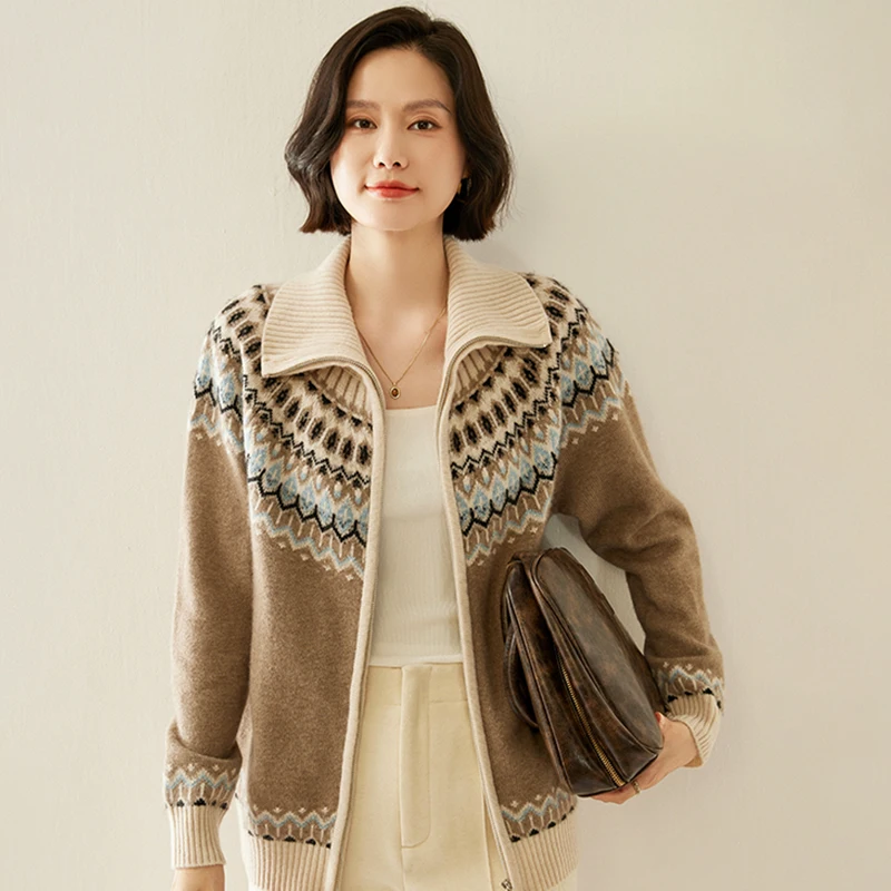 

100% Cashmere Women's New Classic Thick Knit Cardigan with Turn-down Collar and Zipper - Preppy Style Autumn Winter Sweater Tops