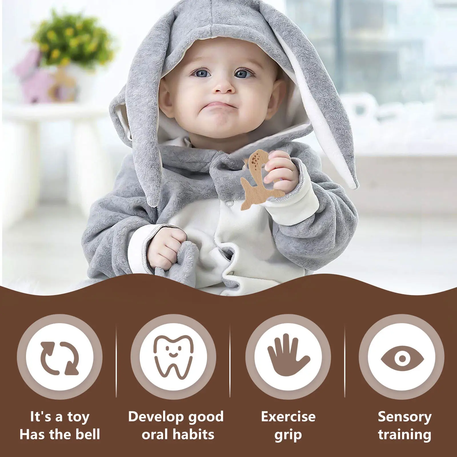 10 Peças de Pingente de Madeira de Faia para Bebê, Mordedor em Forma de Desenho Animado, Adornos para Corrente de Chupeta, Seguro e Biodegradável