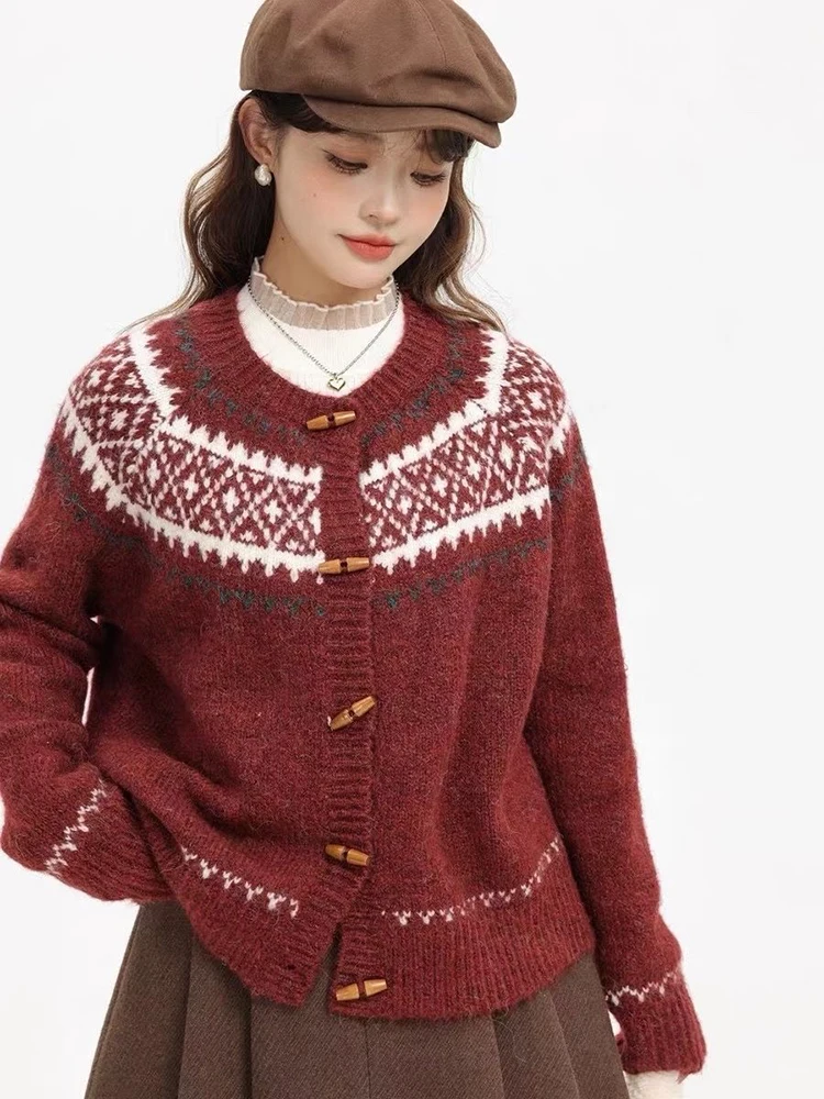 

Sweet Print Vintage Christmas Red Cardigan Women O Neck Cute Preppy Style Knitted Sweater Japan Casual Lazy Wind Long Sleeve Top