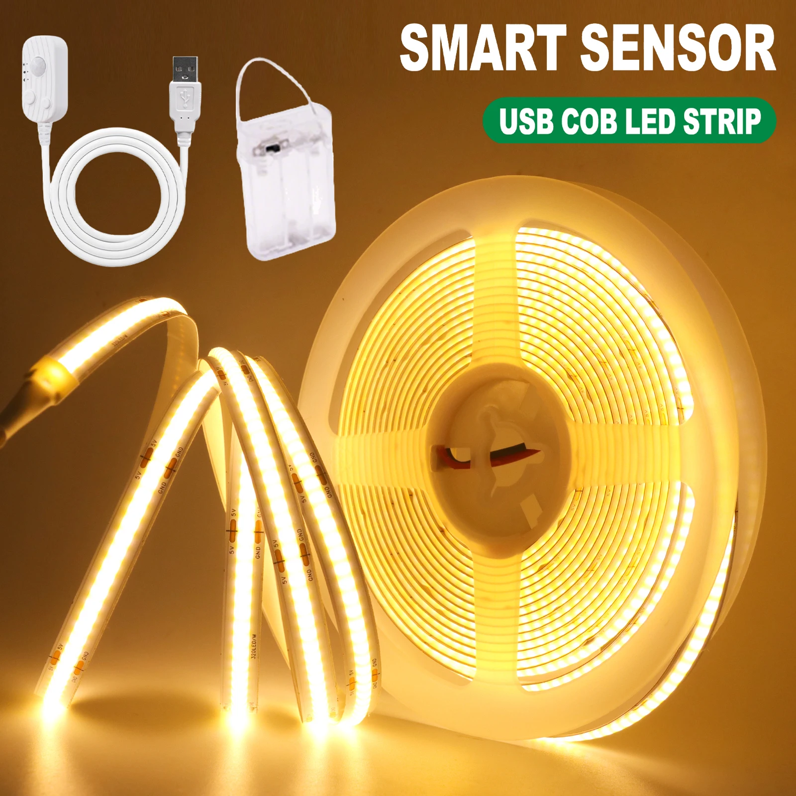 5v 3mm 5mm 8mm cob luzes de tira led usb sensor movimento alimentado por bateria 320leds/m fita flexível armário cozinha luz da noite decoração