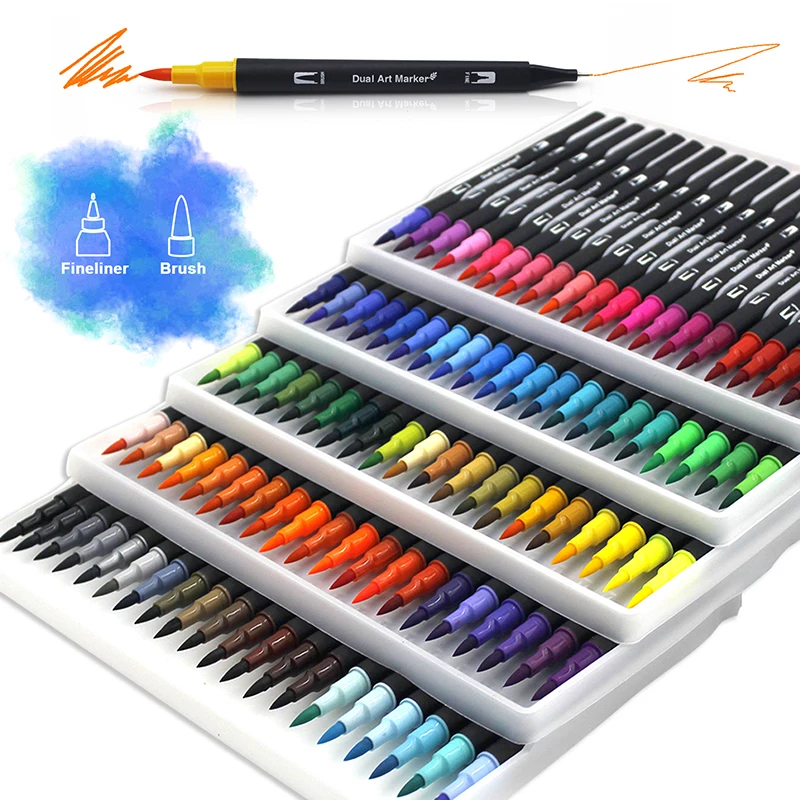 Watercolor Art Markers Brush Pen Dual Tip Fineliner Drawing for Calligraphy Painting 12/48/60/72/100/132 Colors Set Art Supplies