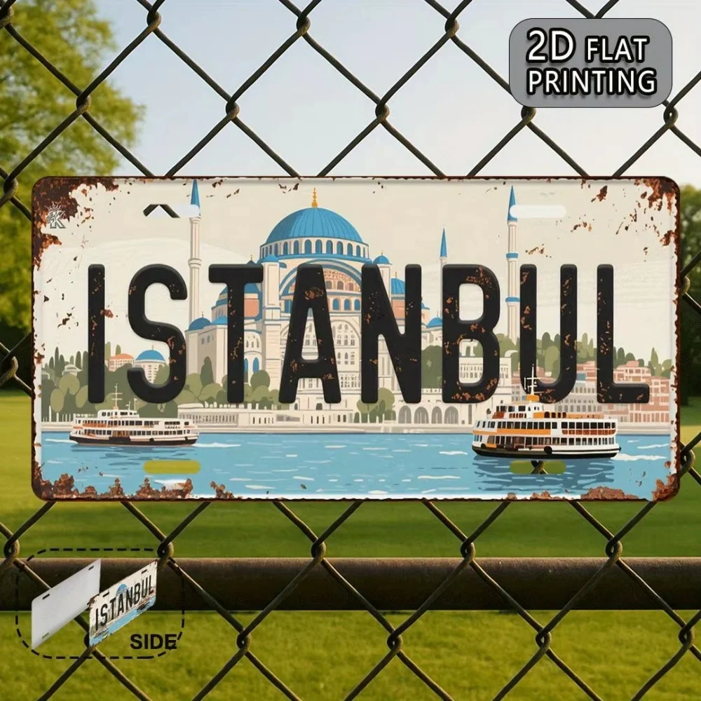 2D Flat Metal Tin License Plate Sign, Istanbul Turkey Blue Mosque & Bosphorus Ferry, Cross-Continental Travel Themed Wall Decor