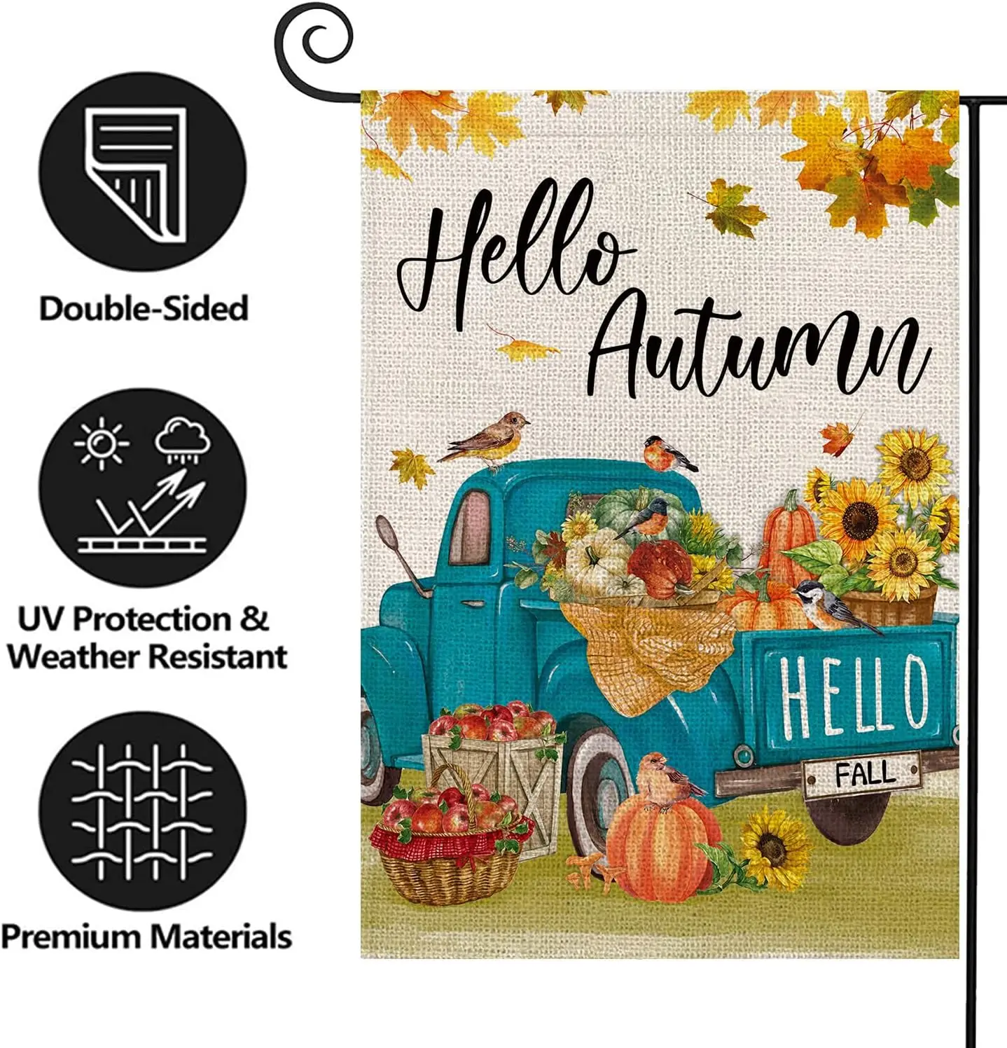 Texupday Hello Autumn Sunflower Pumpkin Blue Truck Decor Double Sided Vertical Burlap Garden Flag Fall Harvest Thanksgiving  yyi
