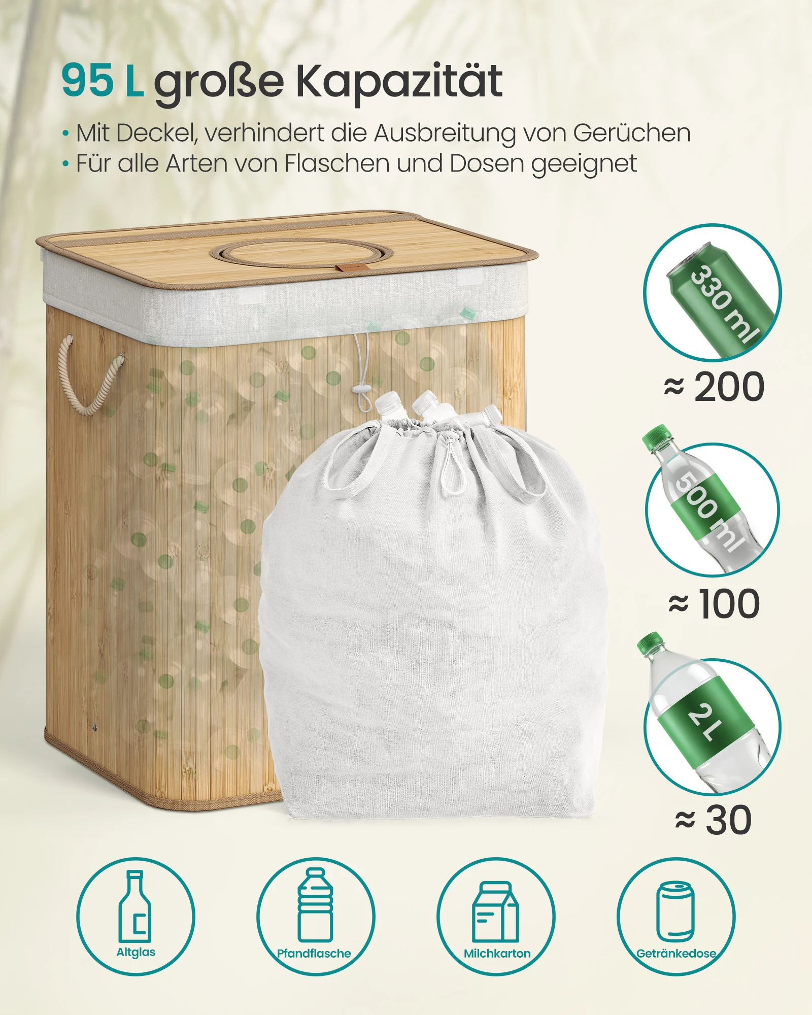 حاوية جمع الزجاجات القابلة للإرجاع من SONGMICS، حاوية زجاجات قابلة للإرجاع سعة 95 لترًا، من الخيزران، أفرغت مجمع الزجاجات، حاوية إعادة التدوير #3