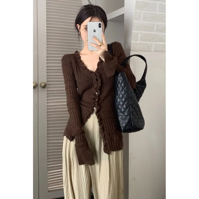 

Винтажный вязаный кардиган с рюшами и v-образным вырезом в Корейском стиле, модный облегающий свитер, женские осенне-зимние однотонные джемперы с длинными рукавами