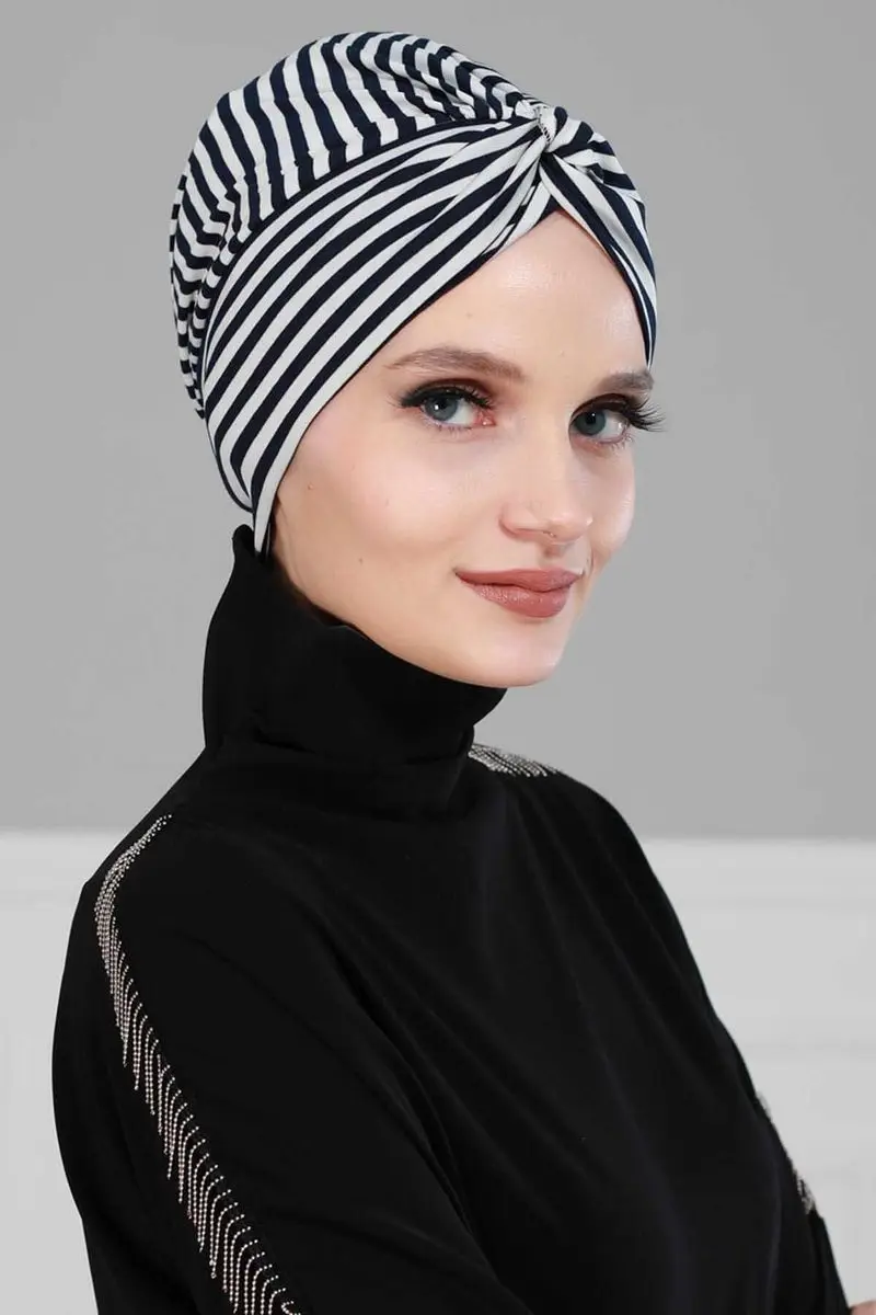 Mihrace Combed Striped Bone Navy Blue