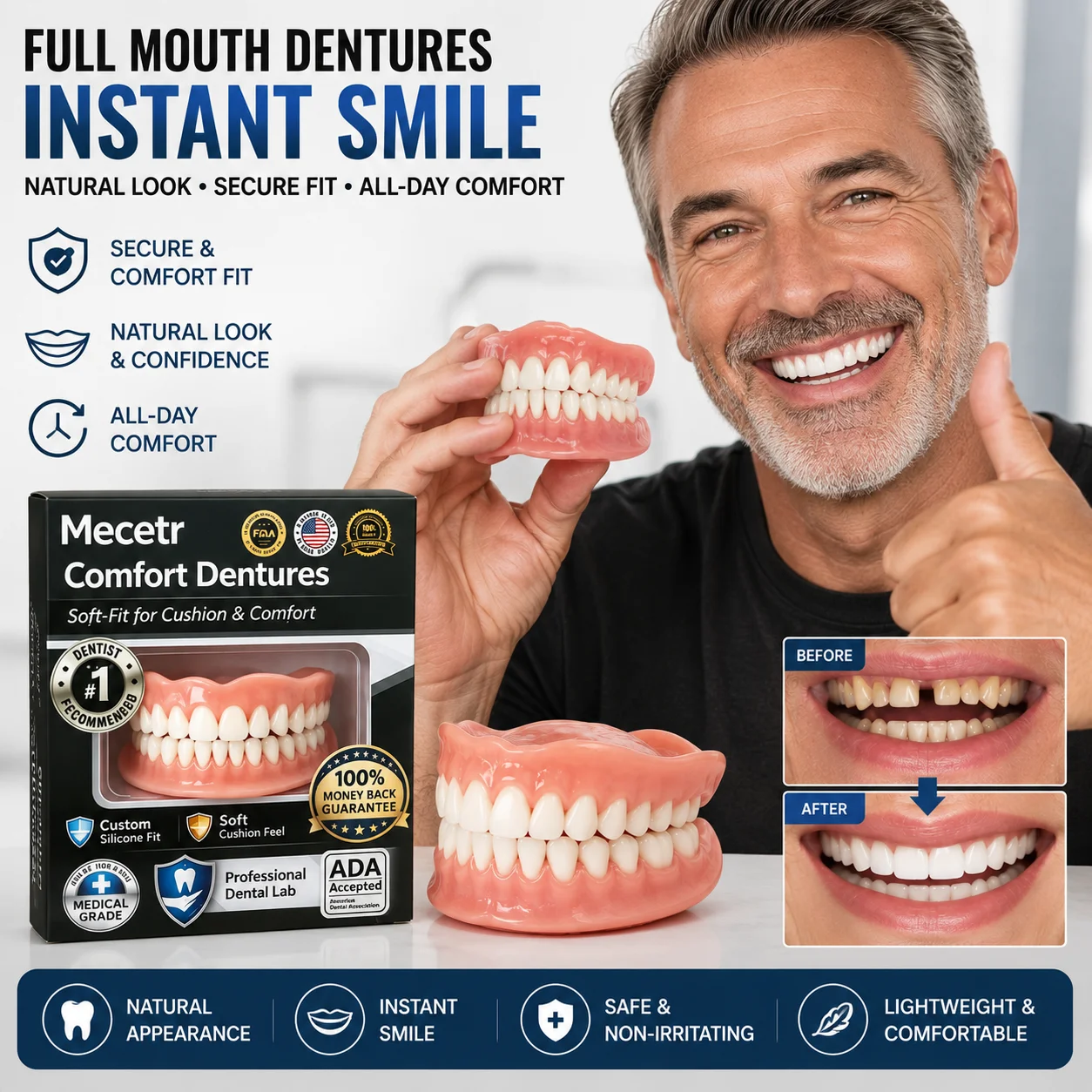 2026 New Natural-Looking Silicone Full Denture Set (Upper & Lower) Adjustable Comfortable Reusable Instant Smile Oral Care