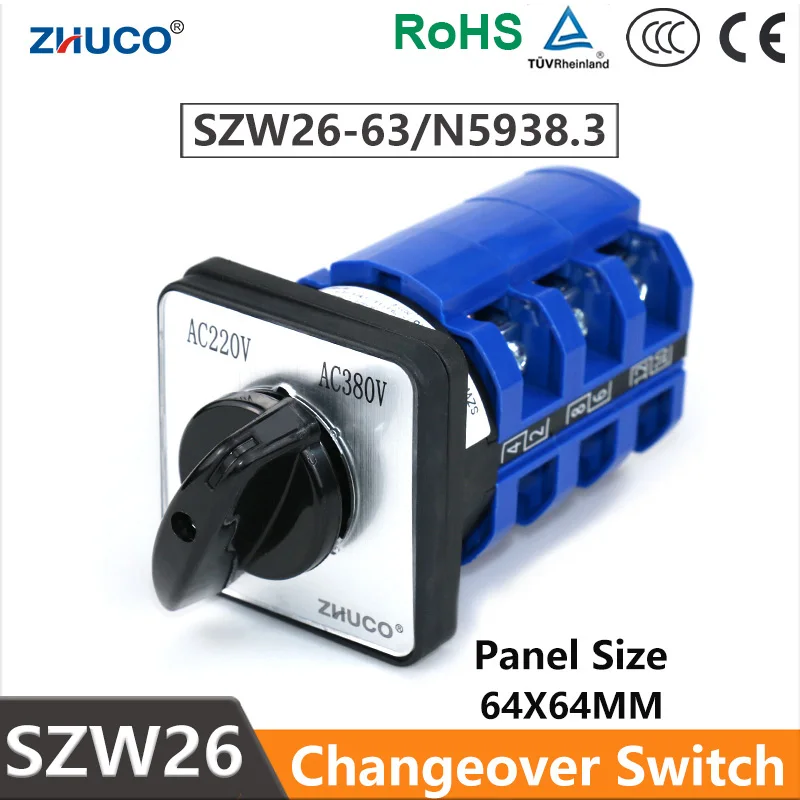 ZHUCO SZW26/LW26-63 63A 2 Position 3 Pole 12 Terminals Silver Contact Ganrator Universal 220V-380V Voltmeter Transfer Cam Switch