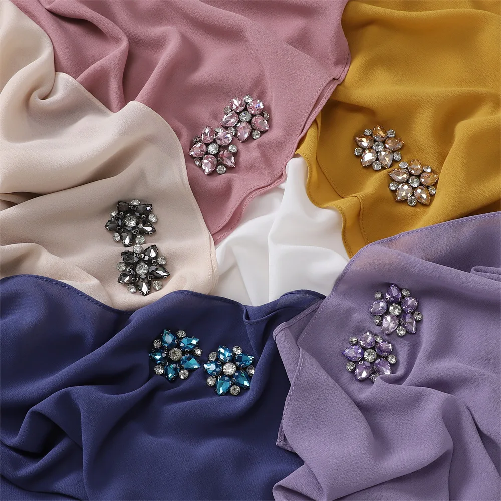 

New Scarf Shimmer Rhinestone Chiffon Hijab Plain Premium Headscarf Islamic Diamond Shawls and Wraps Muslim Women Foulard Turban