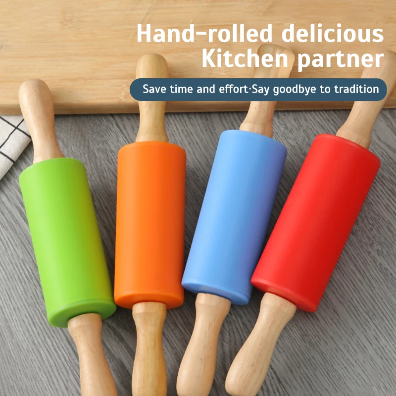 Non-Stick Silicone Rolling Pin Wooden Handle Pastry Dough Flour Roller Kitchen Cooking Baking Tool For Pasta Cookie Dough