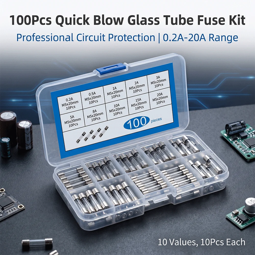 100Pcs Quick Blow Glass Tube Fuse Assorted Kit 5x20mm Fast Blow Fuses 250V Multiple Amp Ratings 0.2A-20A for Electrical Circuit