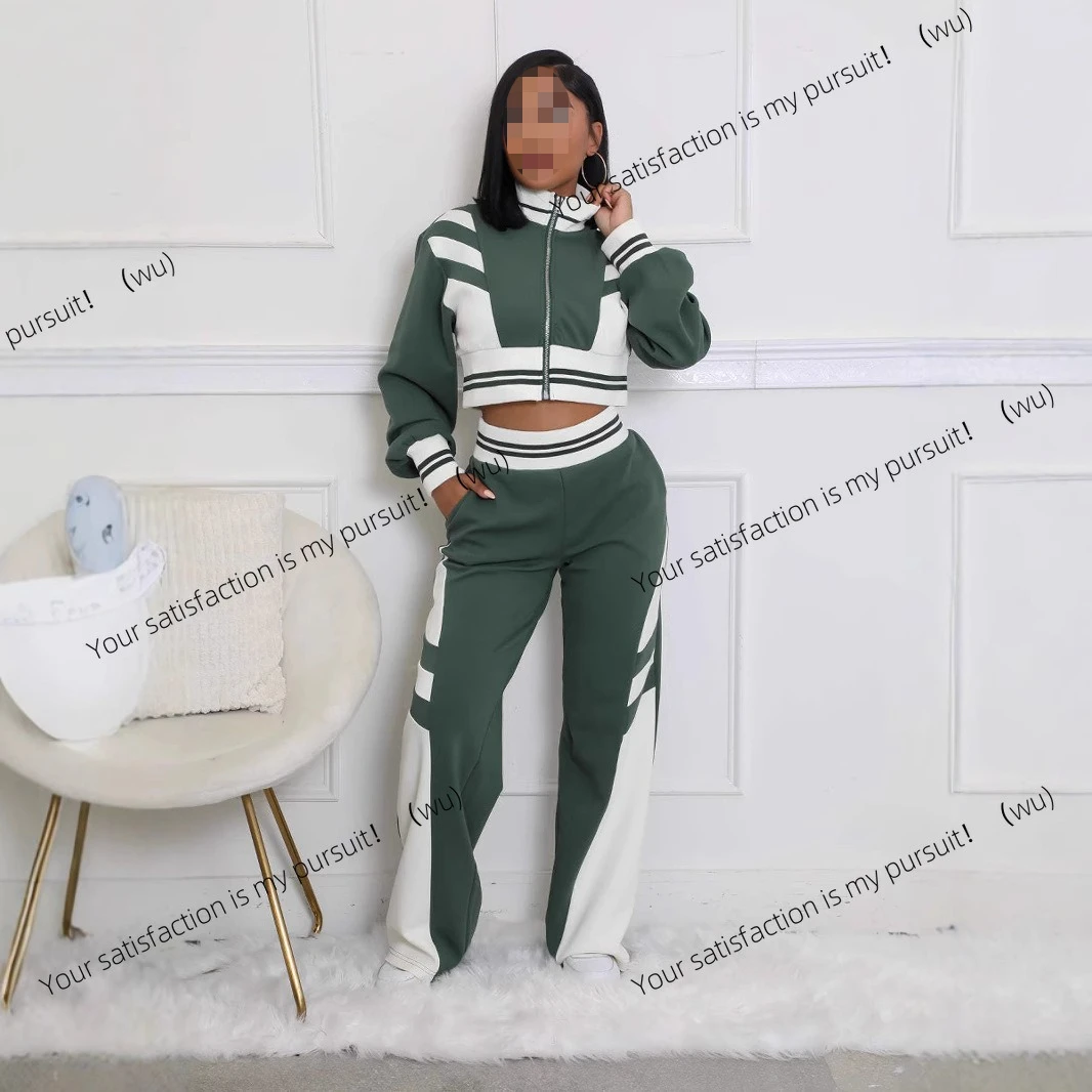 ZOCI-Setelan dua potong atasan turtleneck dengan ritsleting untuk wanita, koleksi musim gugur dan musim dingin, setelan celana dengan warna kombinasi untuk wanita.