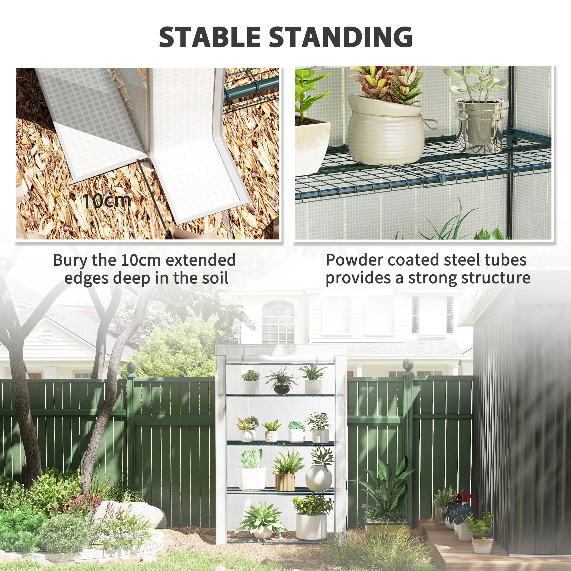 4 Tier Lean-To Mini Greenhouse with Reinforced Pe Cover, Roll-Up Door, Gray