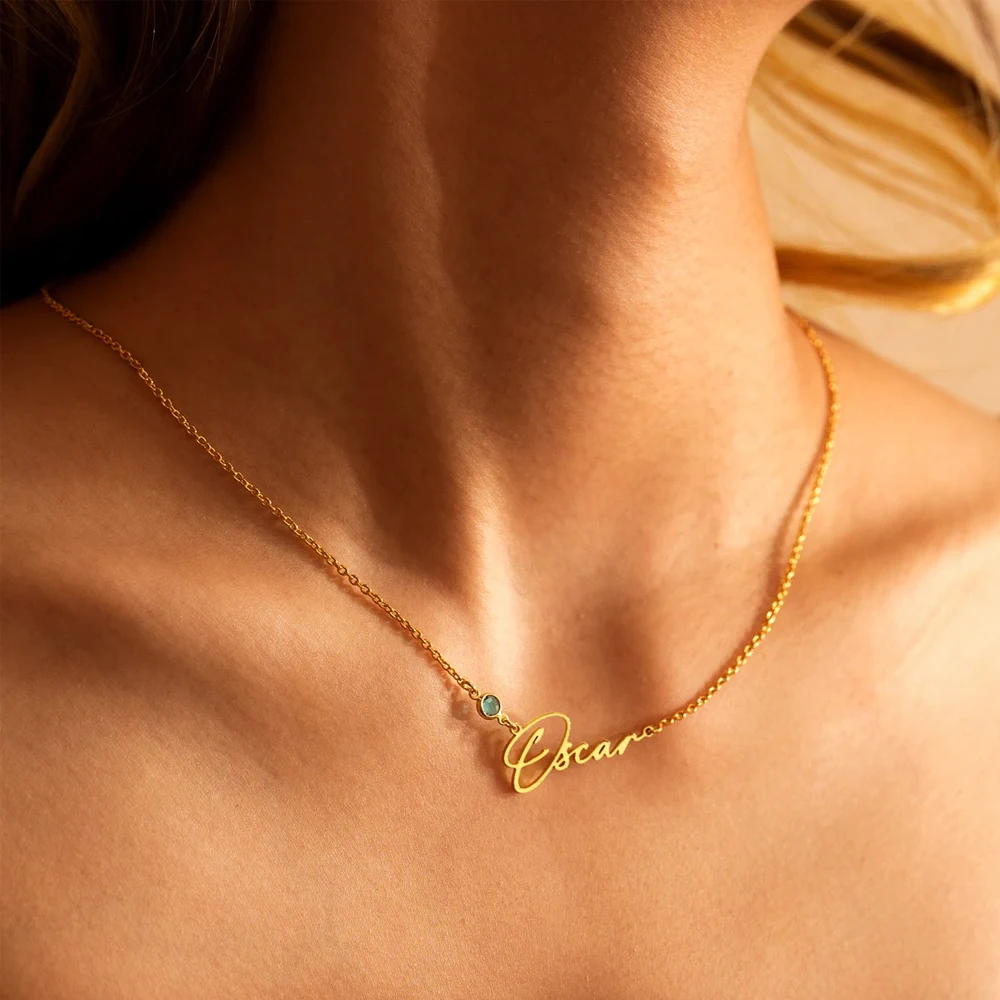 Haiyufly Personalized Custom Birthstone Name Necklace for Women Stainless Steel Handmade Nameplate Choker Chains Jewelry Gift