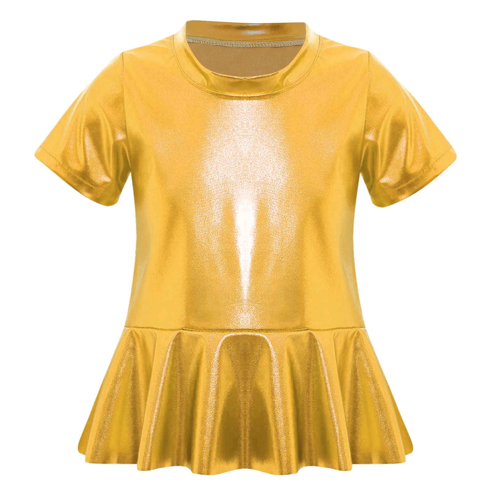 

Girls T-shirt Kids Shiny Metallic Cheerleading Jazz Dance Stage Performance Costume Round Neck Short Sleeves Peplum Tees Top