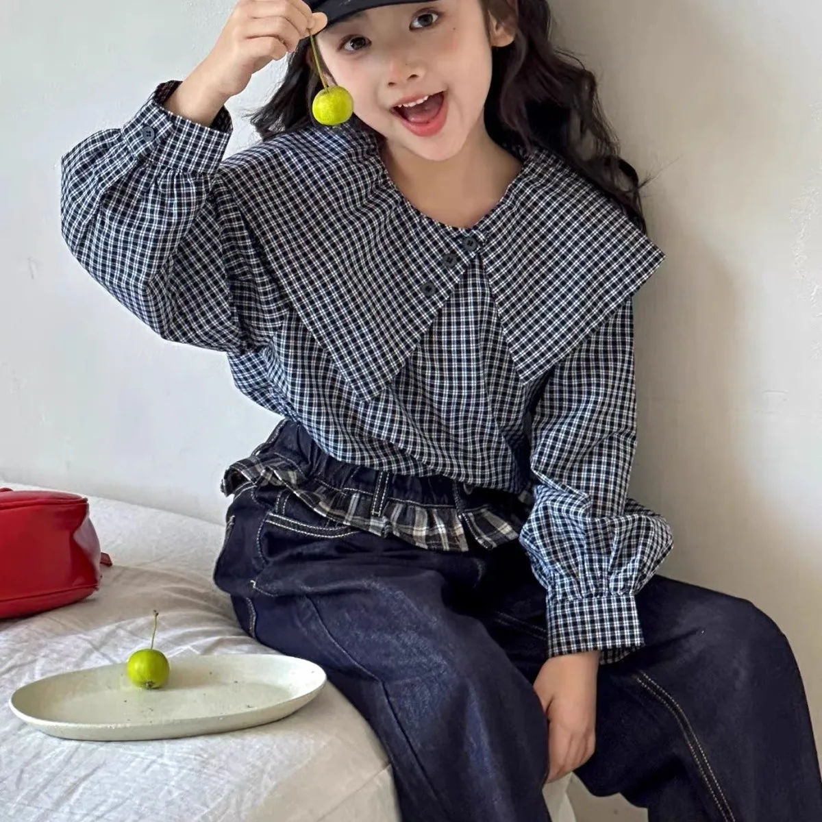 

Girls' autumn outfit fashionable new children's plaid shirt+casual jeans two-piece set 110-170cm