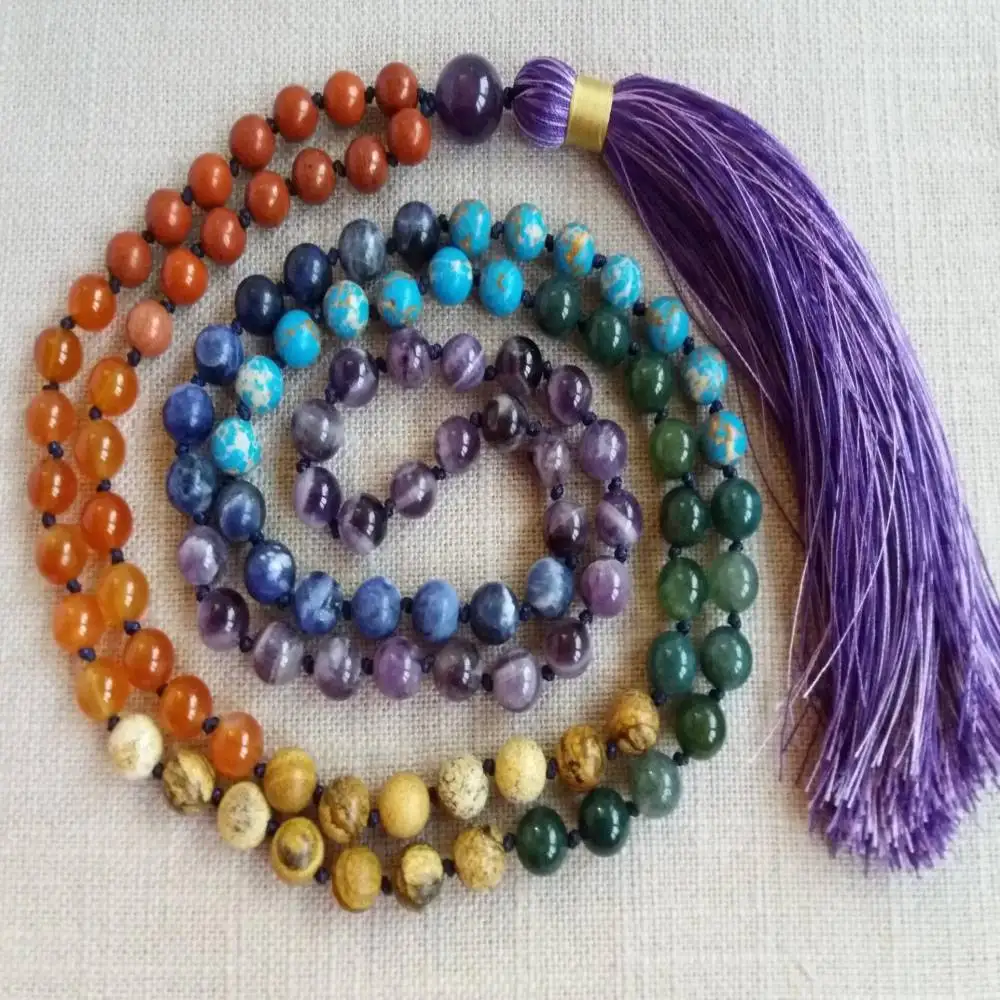 

Natural 7 Chakra Mixed Gemstone 108 Beads Mala Necklace with Purple Tassel Healing Crystal Jewelry