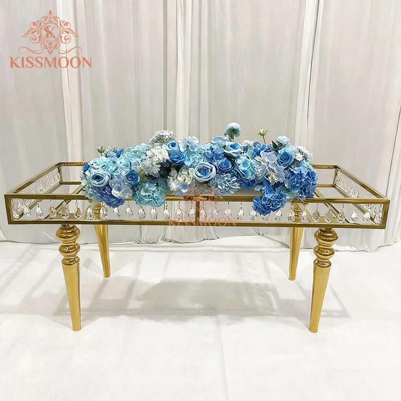 custom.Modern Luxury Rectangular Royal Wedding Table Golden Stainless Steel Frame Glass Top Event Tables