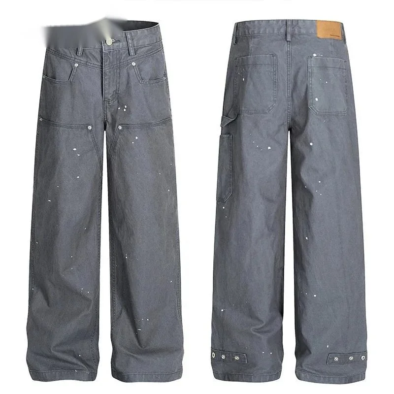 Calças Jeans Masculinas High Street com Efeito Splash-Ink, Contraste de Cores, Detalhes em Miçangas na Barra, Patchwork, Perna Reta e Caimento Solto -