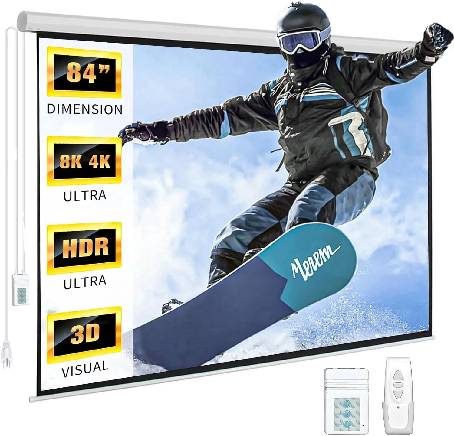 

84 Inch Electric Projector Screen with Remote, Automatic Indoor Drop Down, Motorized 4K 3D HD Projection for Movies