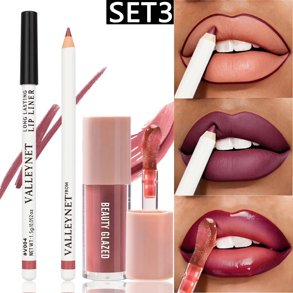 Óleo labial nude 2 tamanhos, delineador + óleo labial fosco, batom de veludo de longa duração, à prova d'água, conjunto de combinação de maquiagem, cosméticos