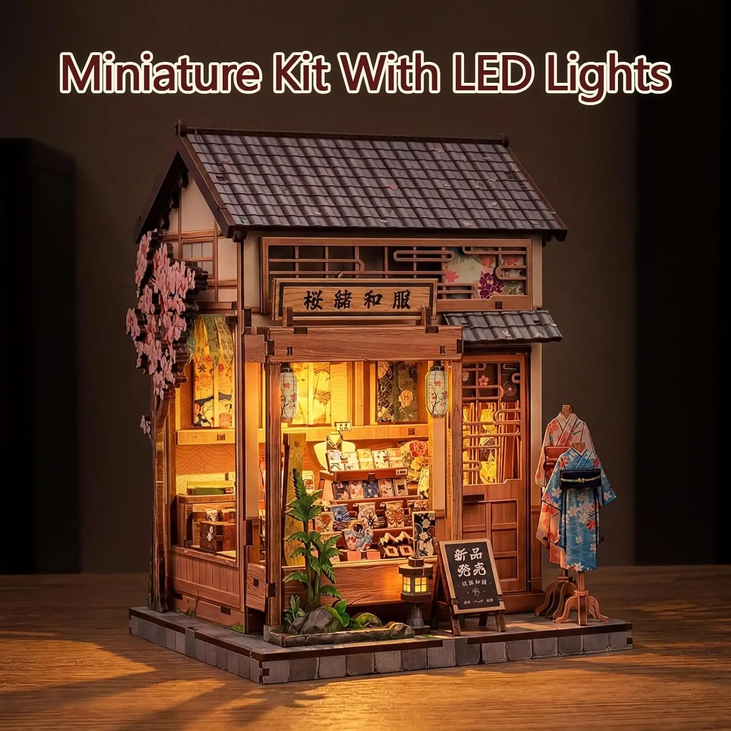ชุดบ้านจิ๋ว DIY สไตล์ญี่ปุ่นสำหรับผู้ใหญ่ - ร้านซากุระกิโมโน ชั้นวางหนังสือ ไดโอรามา 3 มิติ ของขวัญตัวต่อ