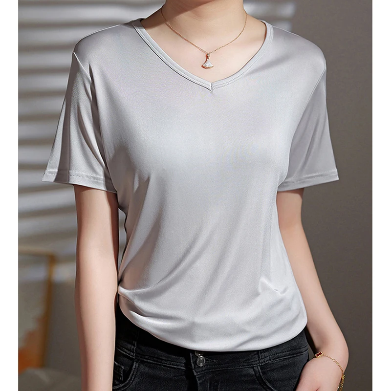 Summer T Shirts for Women 23% Mulberry Silk V-Neck Casual Basic Tees Short Sleeve Comfy Loose Fit Tee Tops Blouse