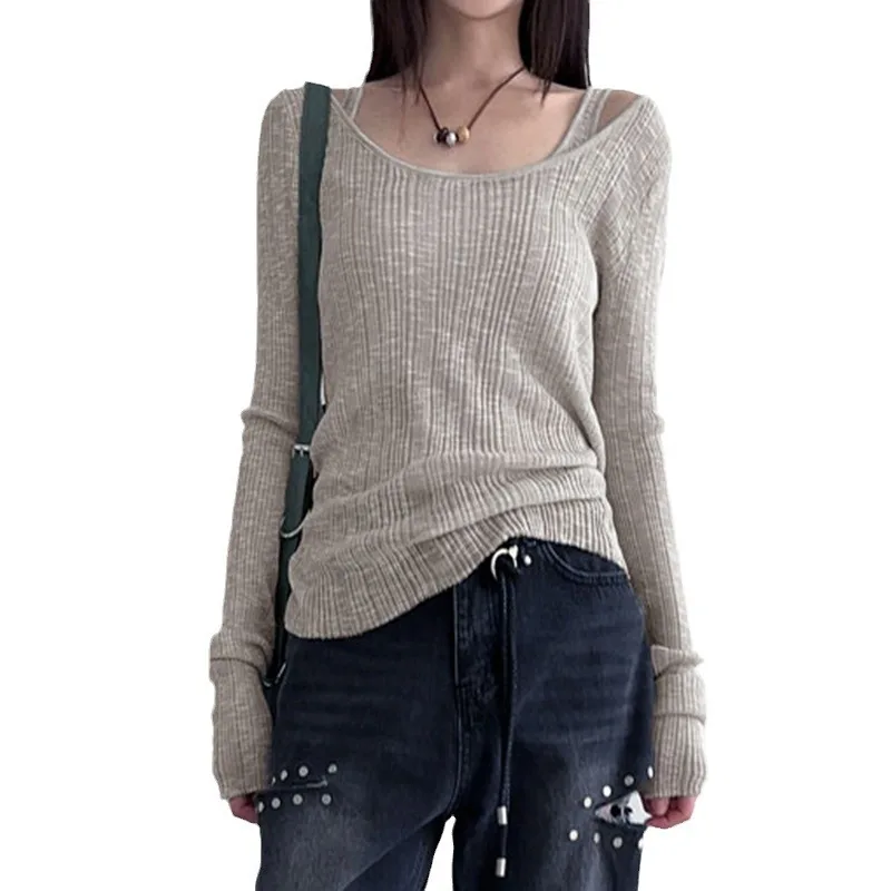 Casual two-piece long sleeved T-shirt solid color versatile pit stripe pullover round neck base top autumn