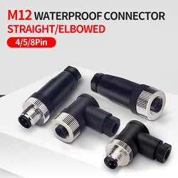 M12 Sensor Connector Straight Angle Male Female Waterproof Screw Threaded Plug Coupling 4 5 8 Pin