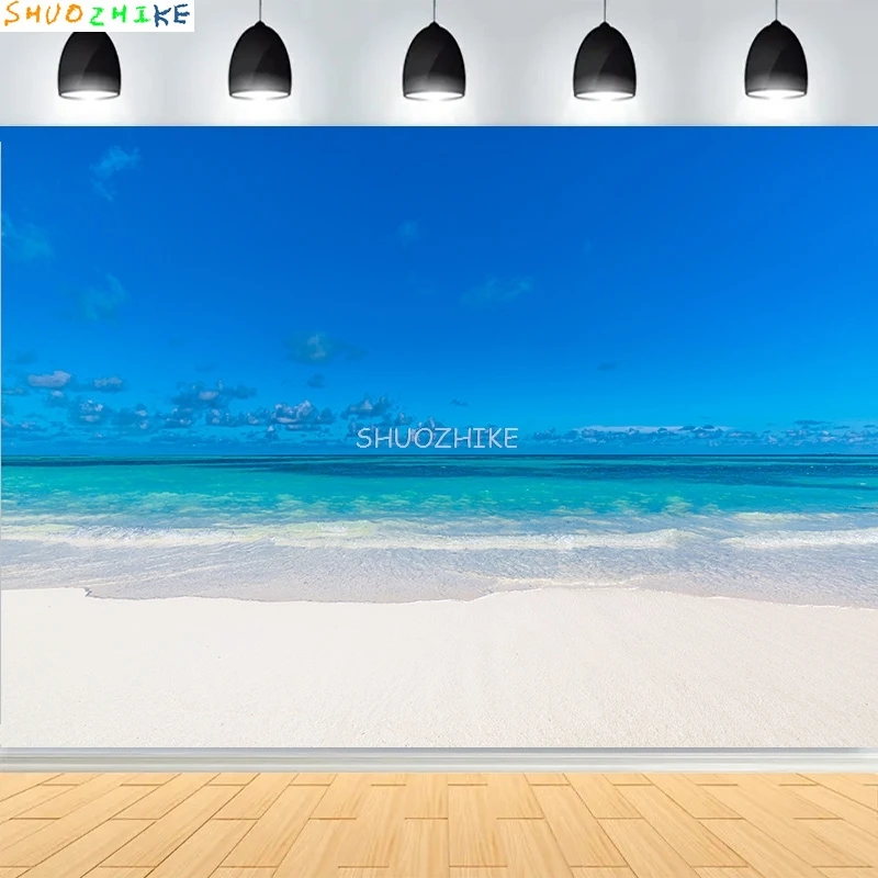 Tropical Beach Sea Ocean With White Cloud Blue Sky Photography Backdrops Sandy Palms Trees Island Maldives Background BU-04