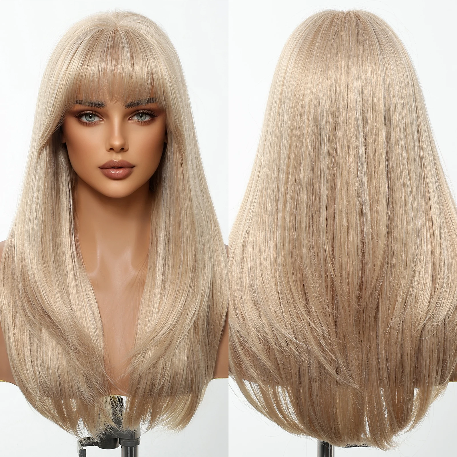 Long Straight Layered Wigs With Bangs Platinum Blonde Synthetic Wigs For Women Daily Cosplay High Temperature Natural Looking