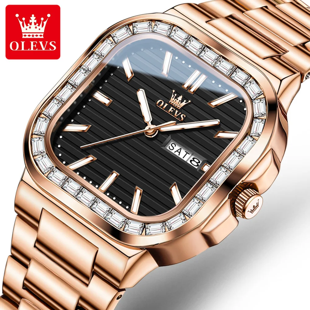 

OLEVS Brand New Luxury Diamond Quartz Watch for Men Stainless Steel Waterproof Luminous Calendar Fashion Square Watches Mens