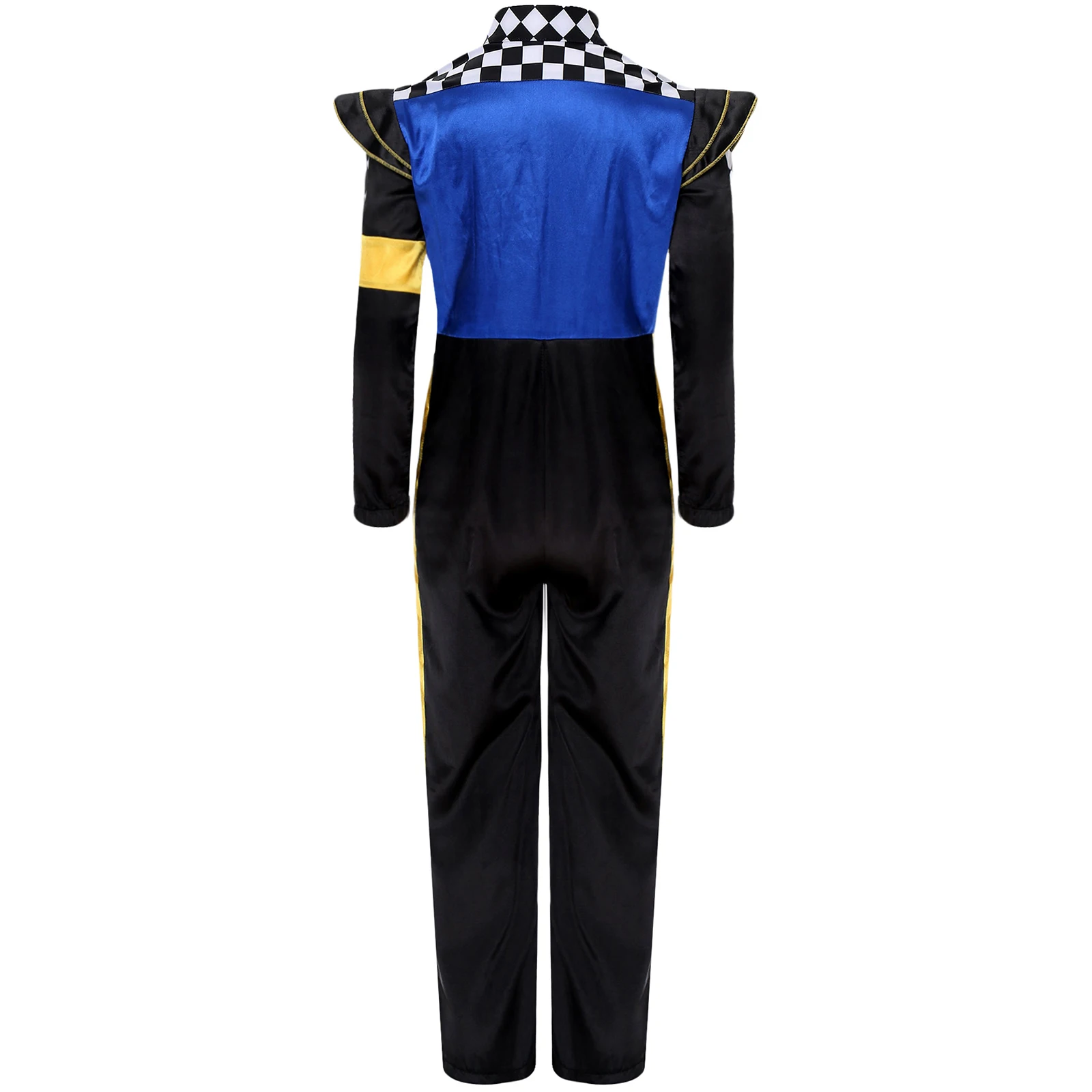 Children Unisex Racer Cosplay Costume White And Black Block Patchwork Checkerboard Print Bodysuit Halloween Party Costume