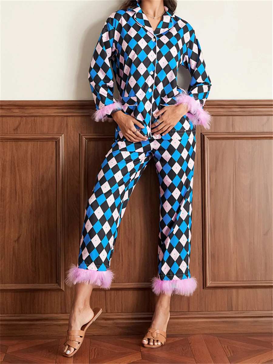 Valentine's Day Feather Trim Pajamas Set Striped Long Sleeve Shirt and Wide Leg Pants Cute Matching PJ Sleepwear Loungewear