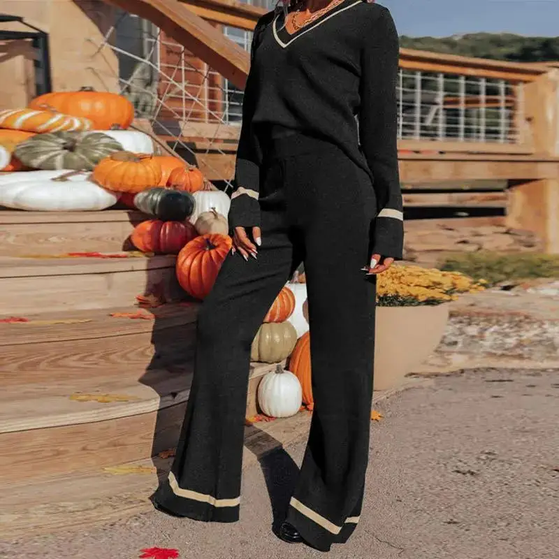 Two Piece Pant Sets Women V Neck Full Sleeve Tops High Waist Long Pants Straight Spliced Casual Suits Autumn Winter 2024