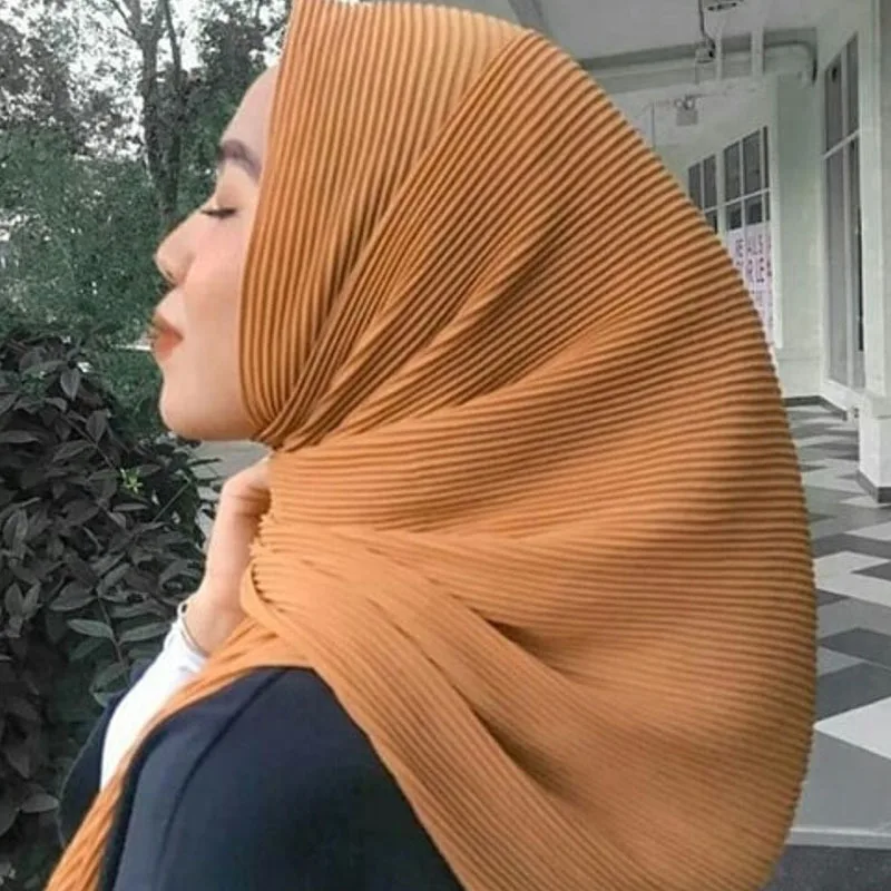 Plain Wrinkle Bubble Chiffon Pleated Hijab Shawl Scarf Lady High Quality Wrap Beach Cover-up Stole Bufanda Muslim Sjaal 170*50Cm