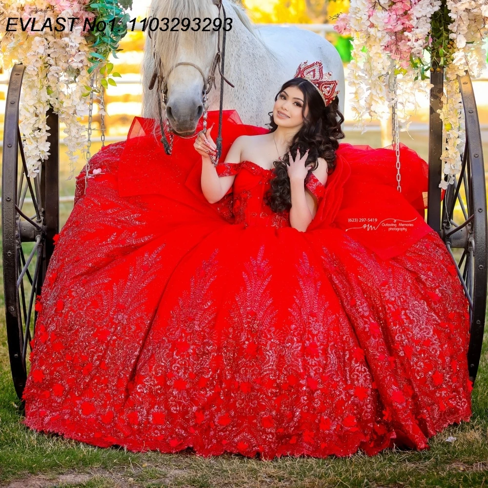 

EVLAST Красное платье принцессы Quinceanera по индивидуальному заказу, бальное платье с цветочной кружевной аппликацией и бантом из бисера, Sweet 16, Vestidos De 15 Anos E1QN584
