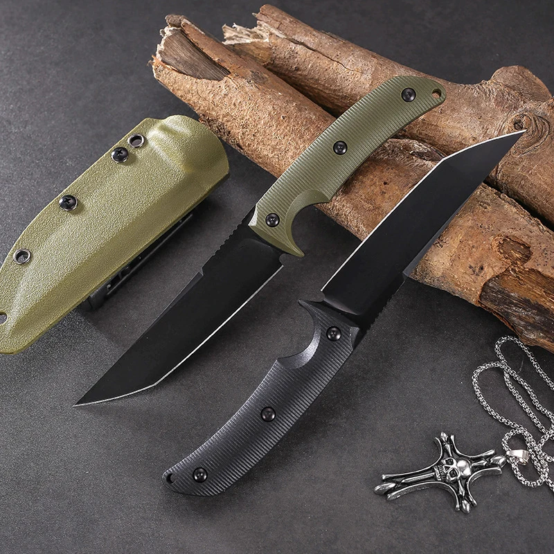 Outdoor camping fixed blade knife, with lanyard hole, equipped with K-sheath, hiking, adventure, fishing, men's collectible gift