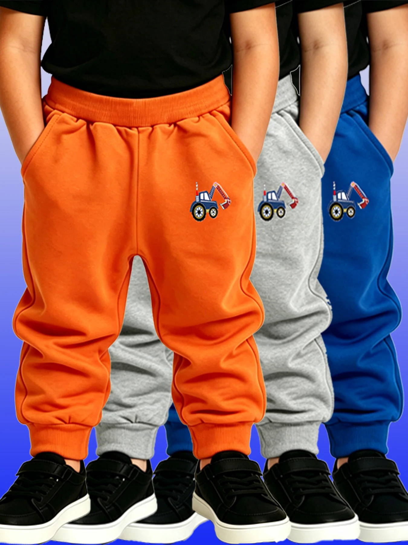 3PCS Orange Gray Blue Boys Classic Colors Children' Pants Excavator Sweatpants Four Seasons Casual Jogger Trousers With Pockets