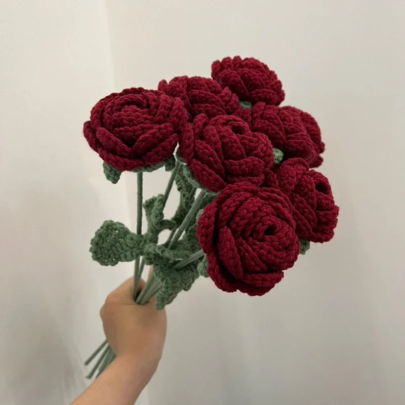 1pc Romantic Wine Red Knitted Rose Bunch Diy Finished Flower Crafts Valentine's Days Wedding Couple Gift Hand Crochet Home Decor